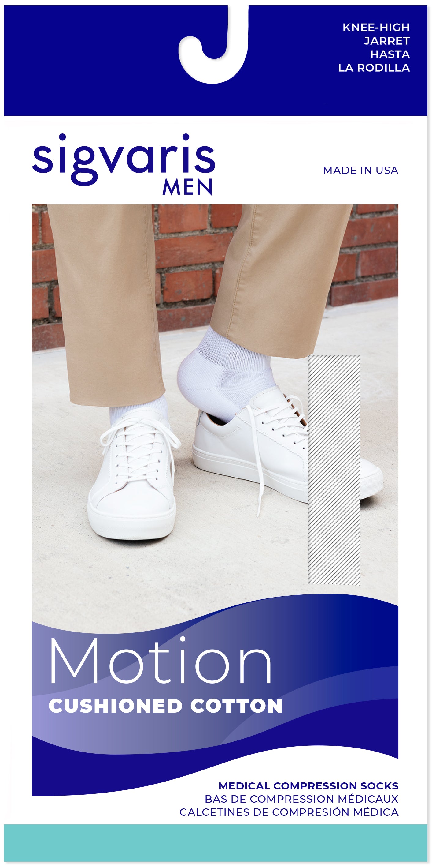 Sigvaris Men's compression socks packaging with a person wearing socks and shoes.