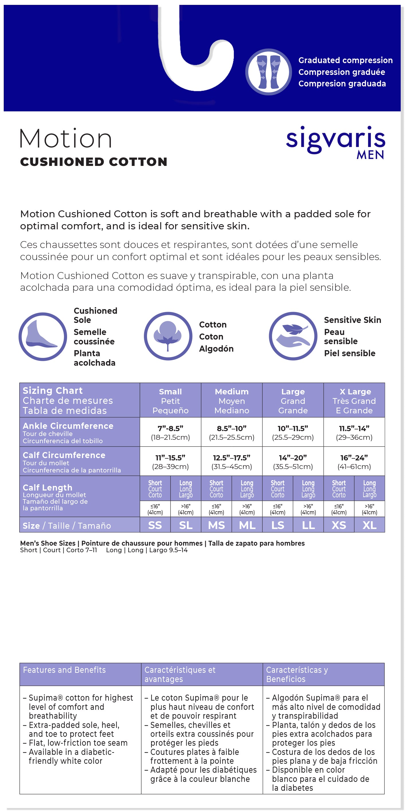 Sigvaris Men's graduated compression sock packaging with size chart and features.