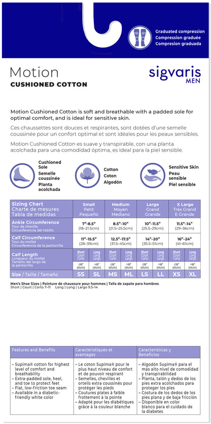 Sigvaris Men's graduated compression sock packaging with size chart and features.