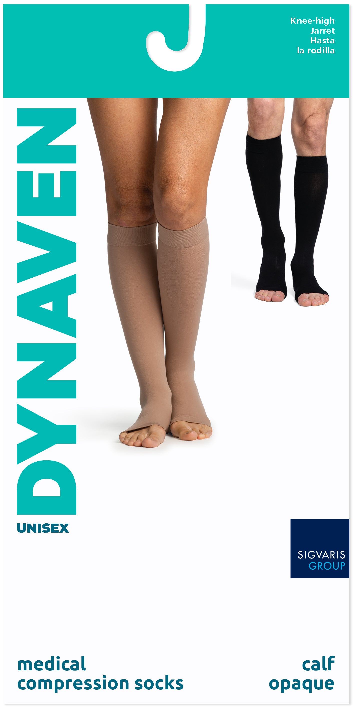 Compression socks with packaging displaying the brand 'Dynaven' on a white background.