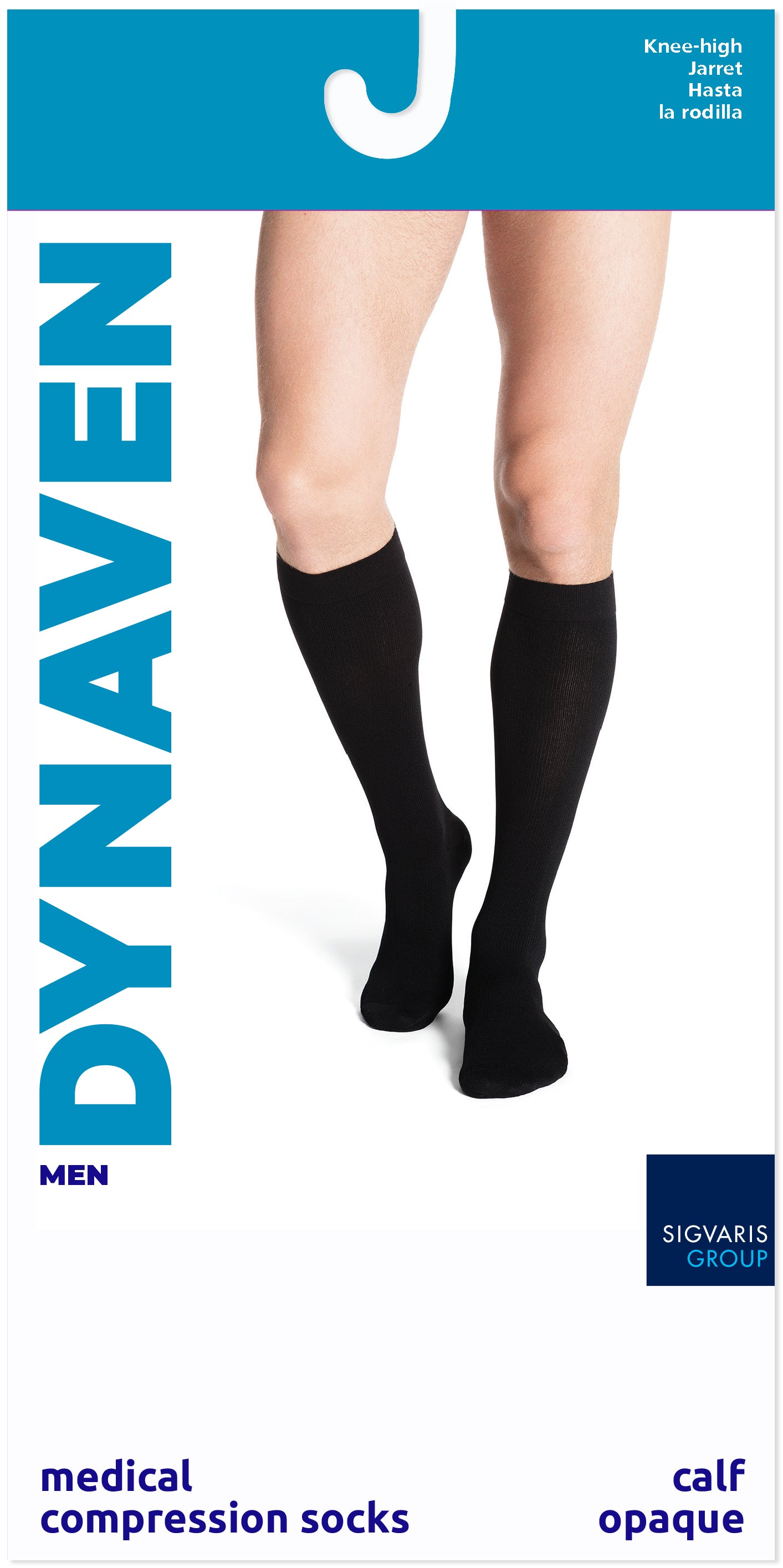 Pair of black medical compression socks on a white background with Dynaven branding.