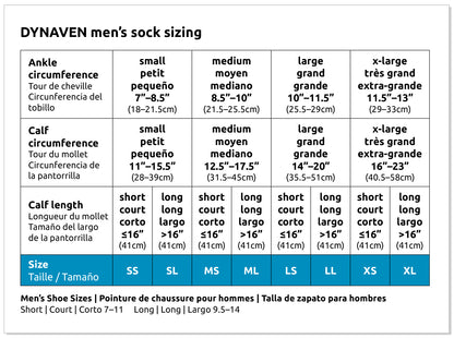Dynaven men's sock sizing chart with measurements and shoe size equivalents.