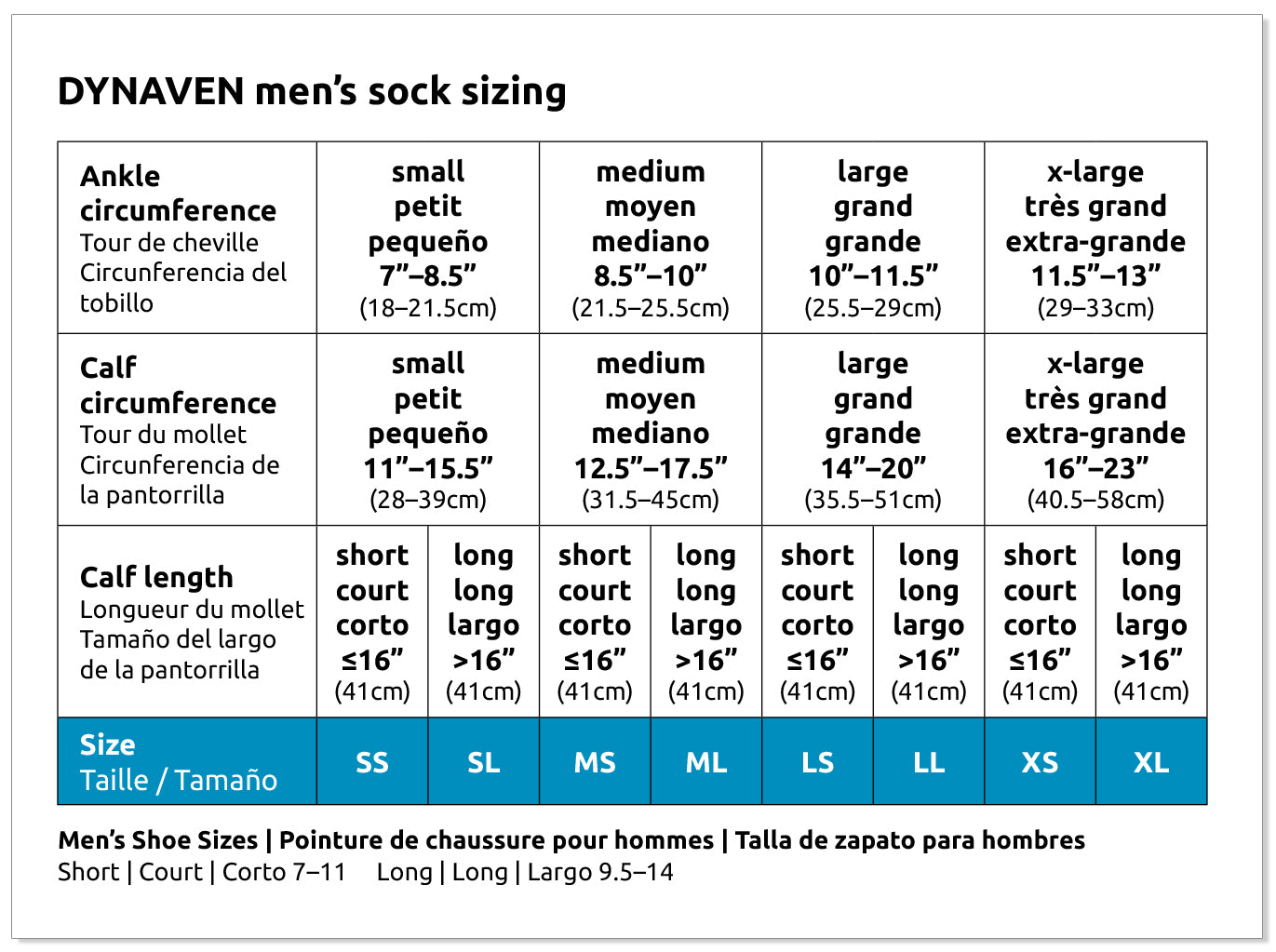 Dynaven men's sock sizing chart with measurements and shoe size equivalents.