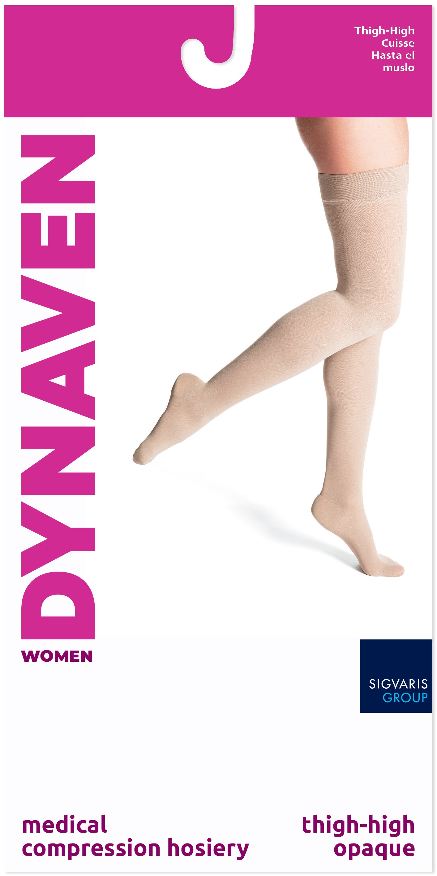 Dynaven women's medical compression hosiery packaging with a leg model wearing the product.