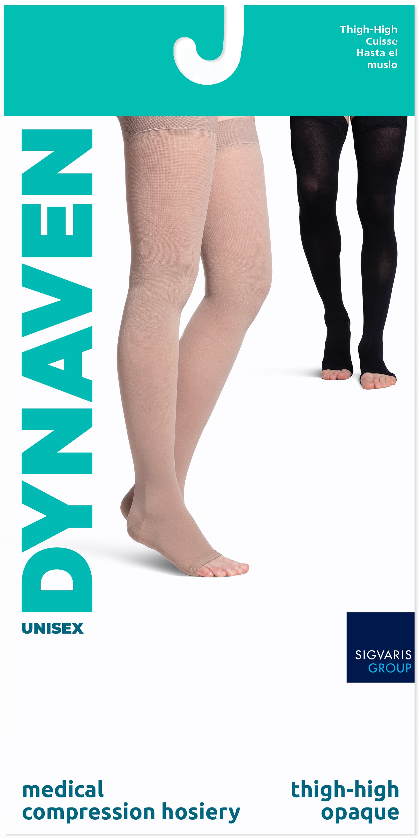 Dynaven medical compression hosiery packaging with a person wearing beige and black tights.