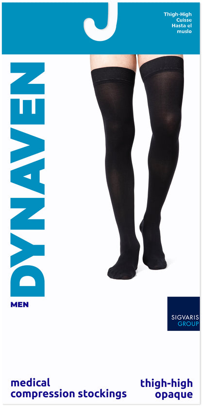 Black thigh-high compression stockings with Dynaven branding on a white background