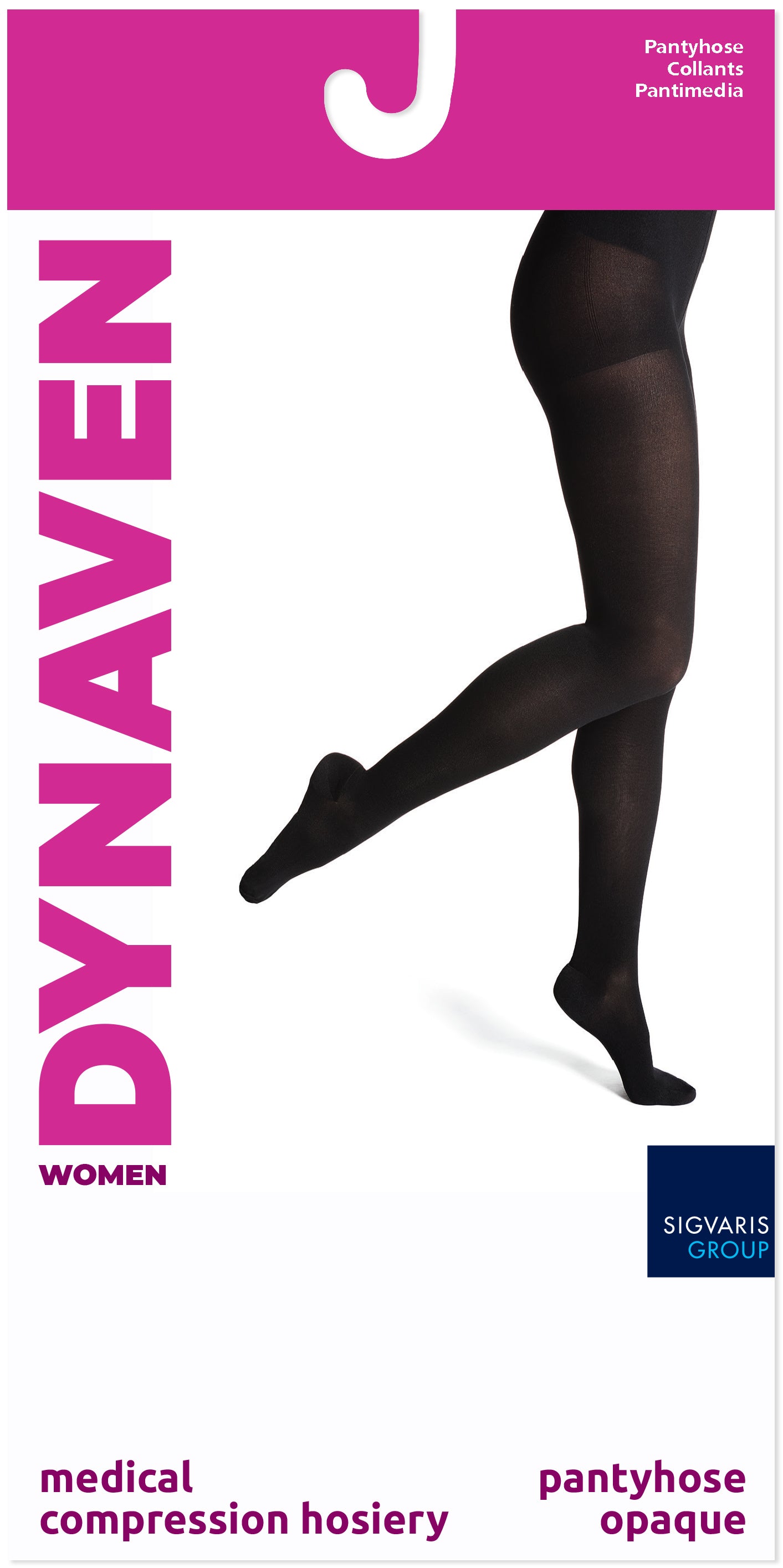 Black pantyhose packaging with 'Dynaven' branding on a white background