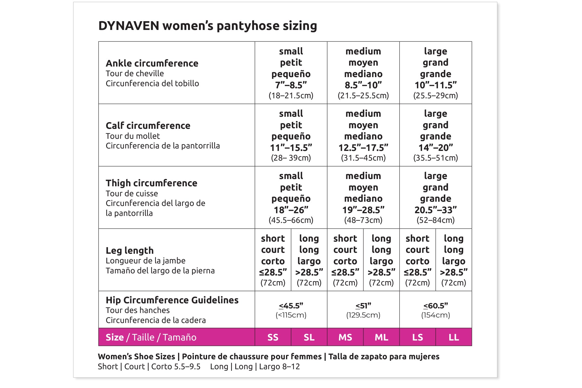 Dynaven women's pantyhose sizing chart with measurements in centimeters and inches.