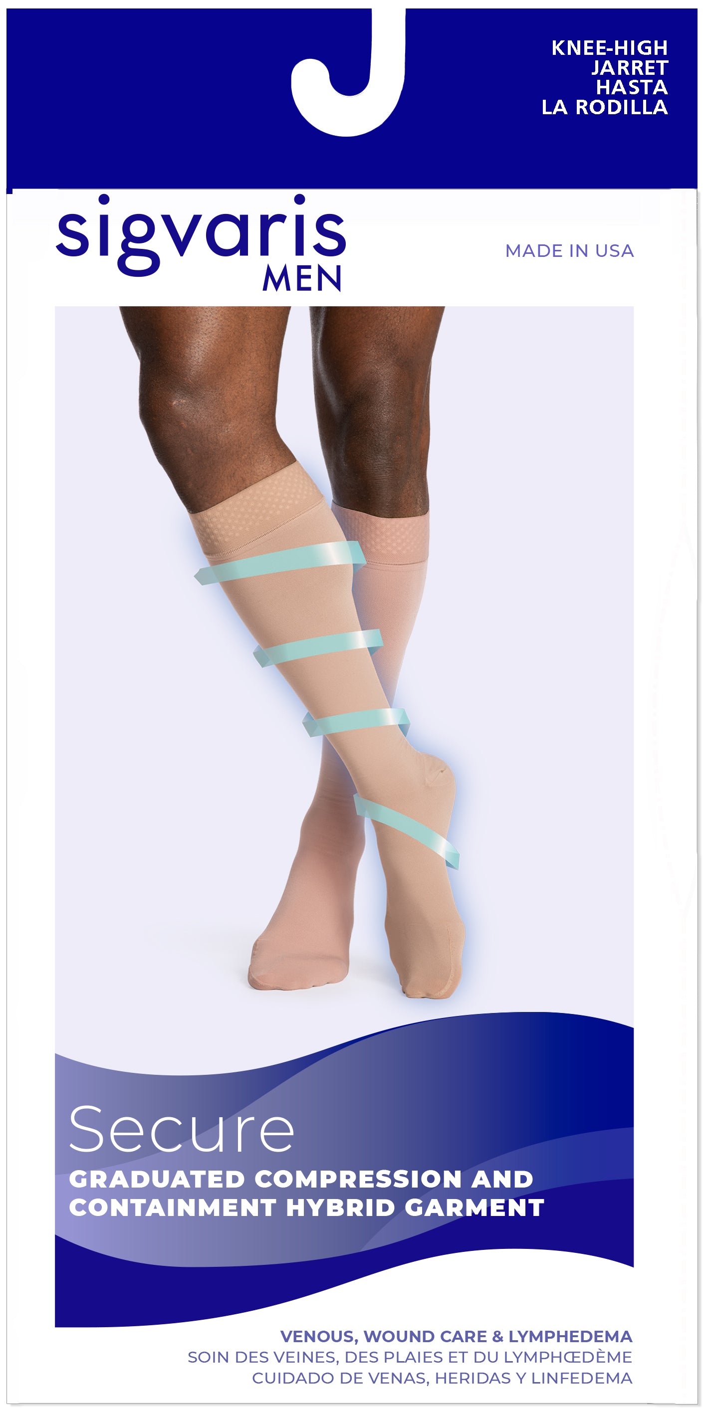 Sigvaris men's compression stocking packaging with branding and product details.