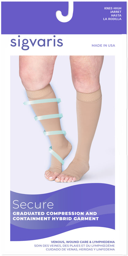 Sigvaris compression stocking packaging with a person wearing the stocking.