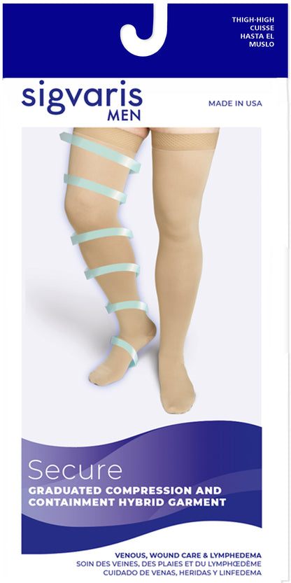 Sigvaris Men's compression stocking packaging with a person wearing the stockings on a white background.