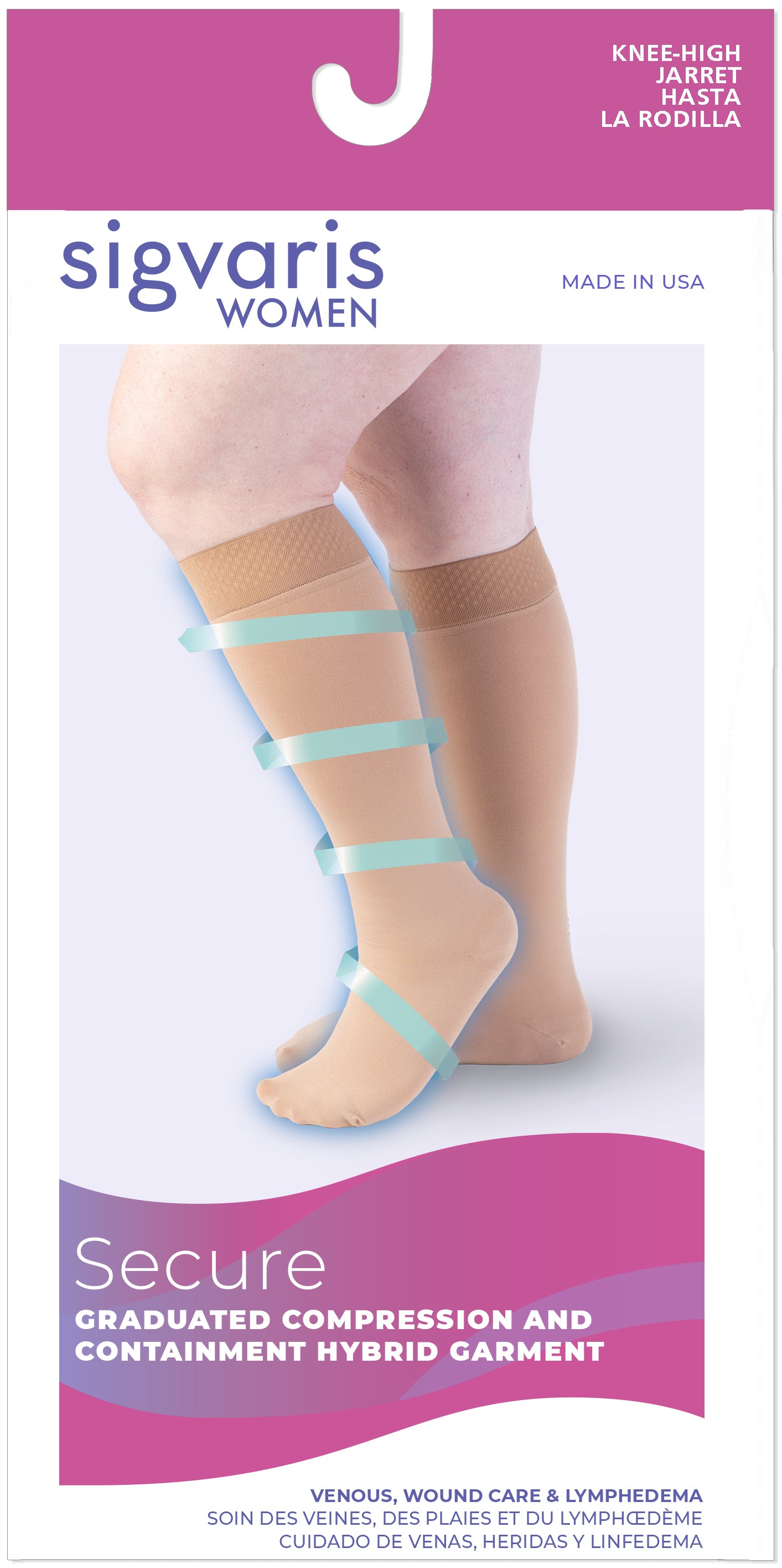 Sigvaris women's compression stocking packaging with a purple and pink design.