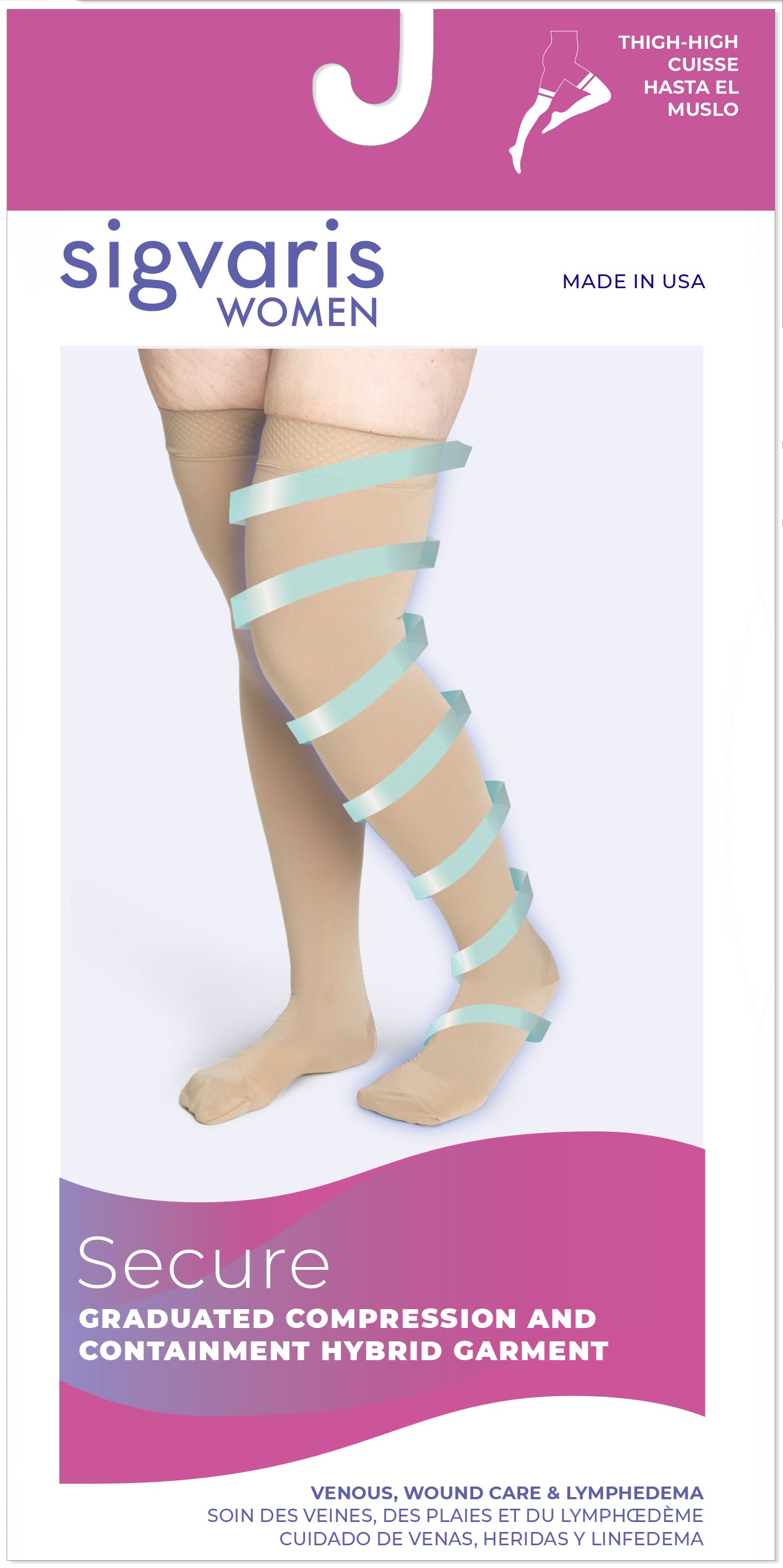 Sigvaris women's compression stockings packaging with a person wearing the stockings.