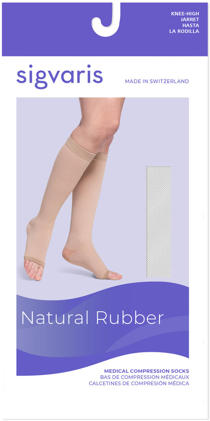 Sigvaris compression sock packaging with a person wearing a sock on a light purple background