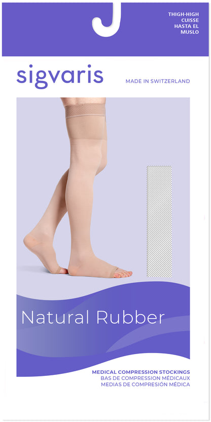 Sigvaris compression stocking packaging with a person wearing the stocking.