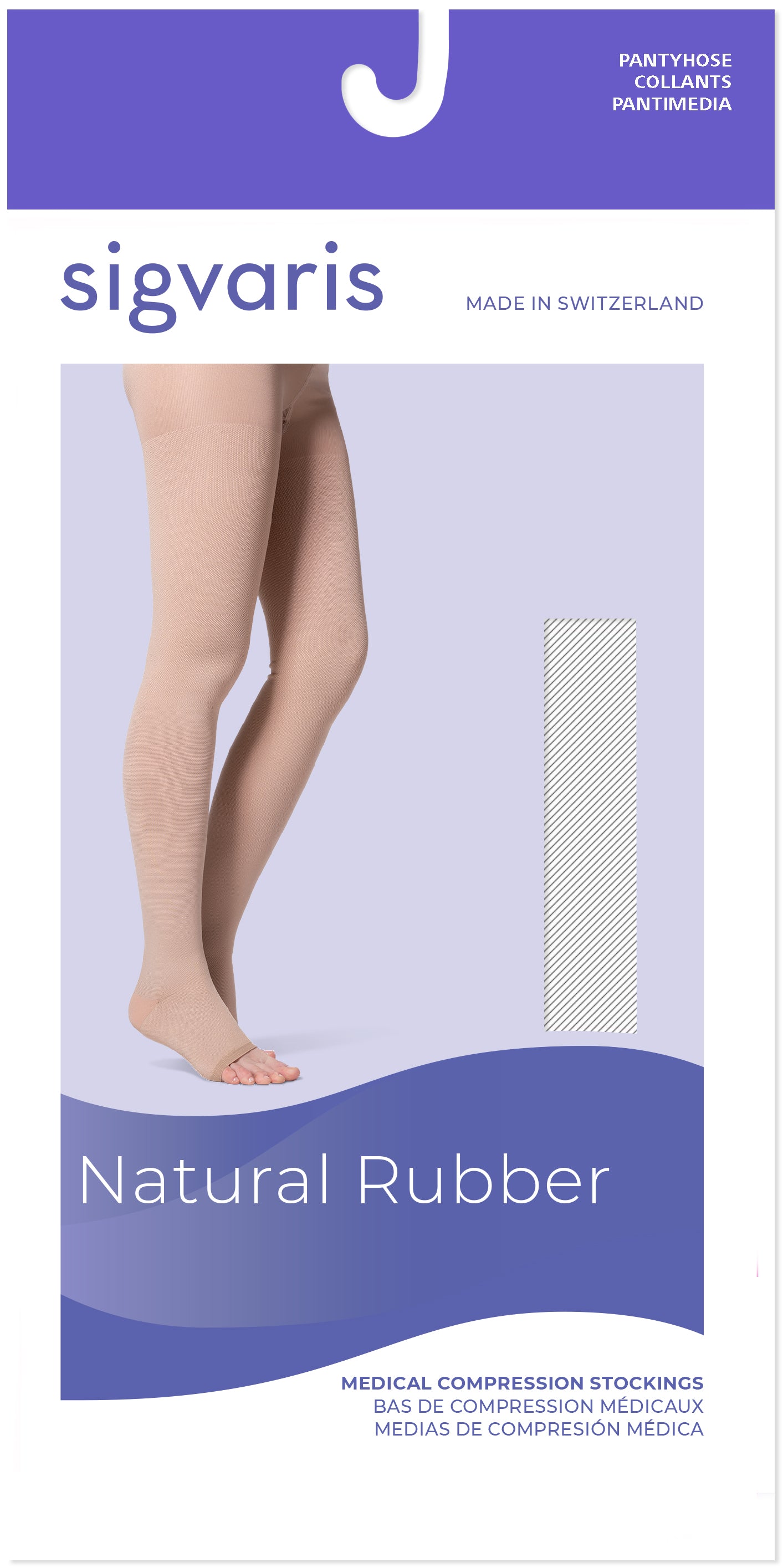 Sigvaris natural rubber compression stocking packaging with a person wearing the stockings.
