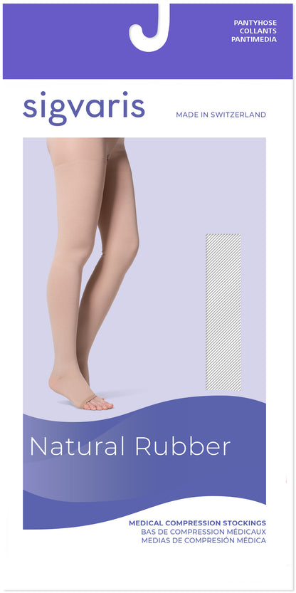 Sigvaris natural rubber compression stocking packaging with a person wearing the stockings.