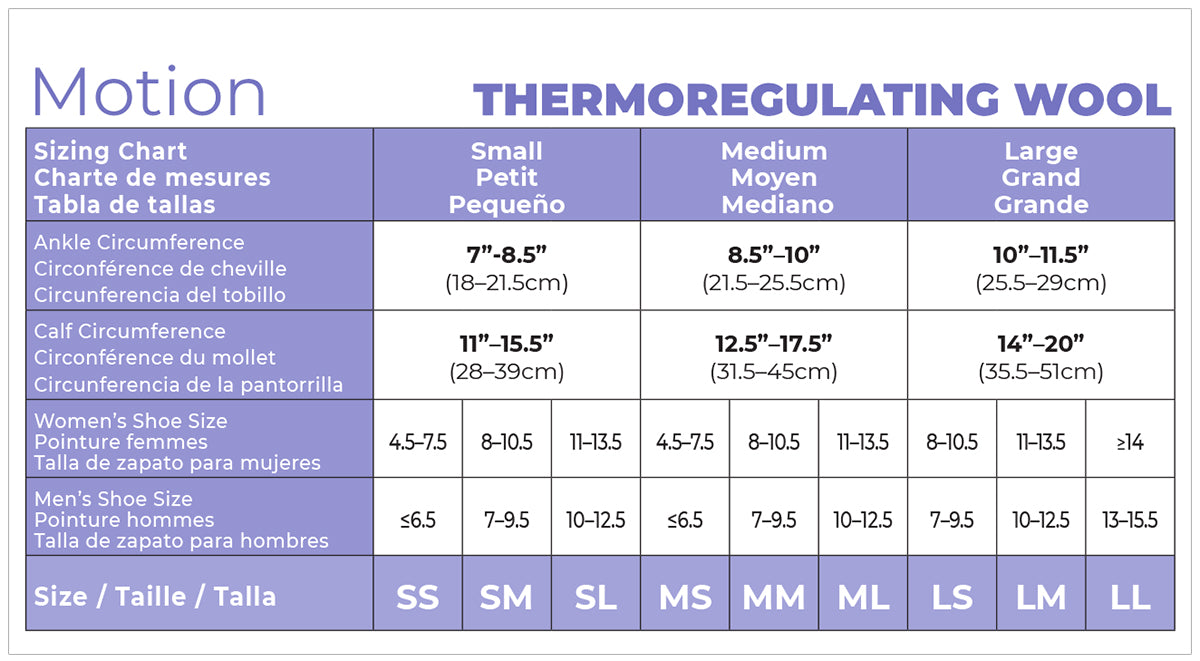 Sigvaris Motion Thermoregulating Wool size chart