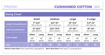 Cushioned Cotton sizing chart with measurements and shoe size conversions.
