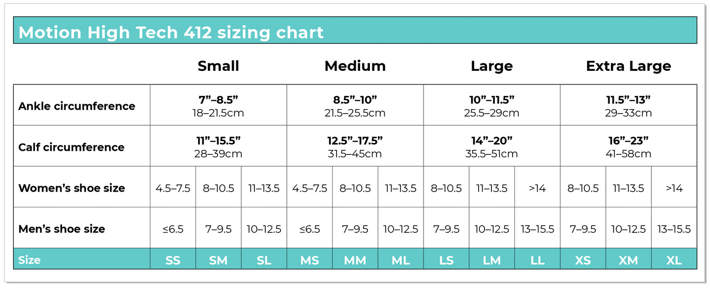 Motion High Tech 412 sizing chart with measurements for ankle and calf circumferences, and shoe sizes.