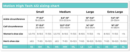 Motion High Tech 412 sizing chart with measurements for ankle and calf circumferences, and shoe sizes.