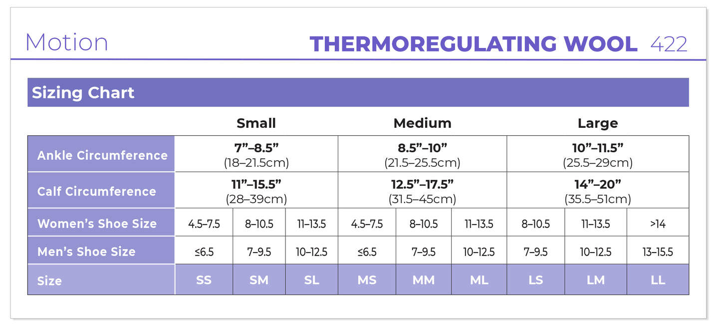 Thermoregulating wool sizing chart for shoes with measurements and shoe size conversions.