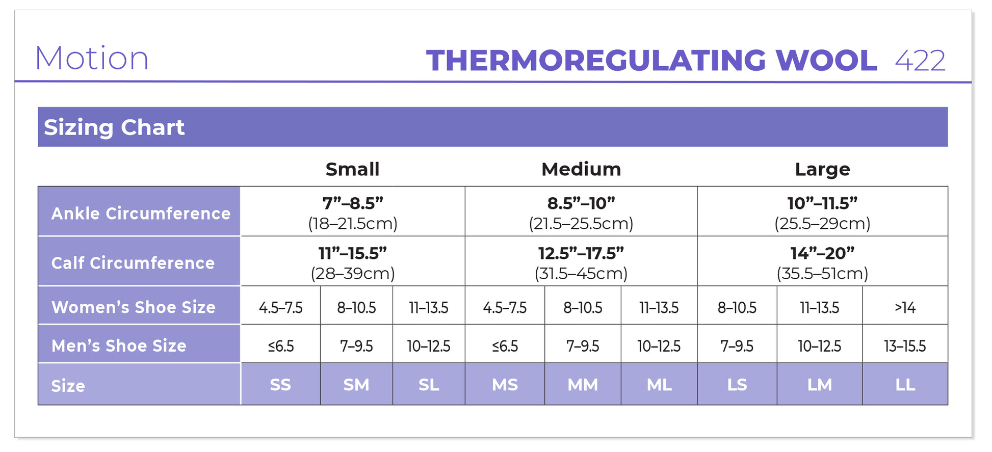 Thermoregulating wool sizing chart for shoes with measurements and shoe size conversions.