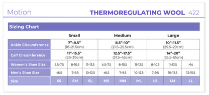 Thermoregulating wool sizing chart for shoes with measurements and shoe size conversions.