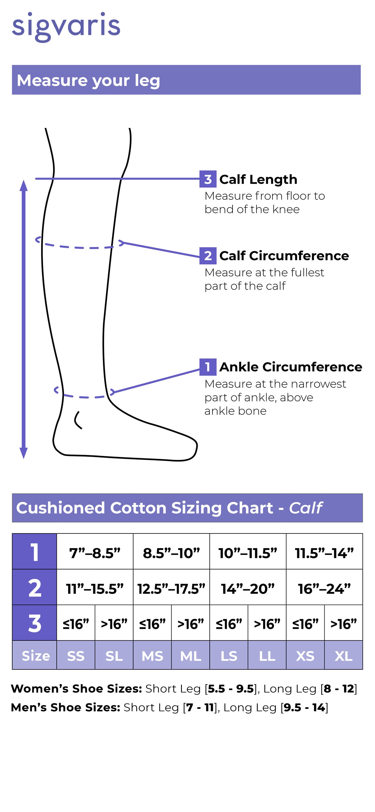 Measurement chart for Sigvaris cushioned cotton socks with instructions on how to measure a leg and a sizing chart.