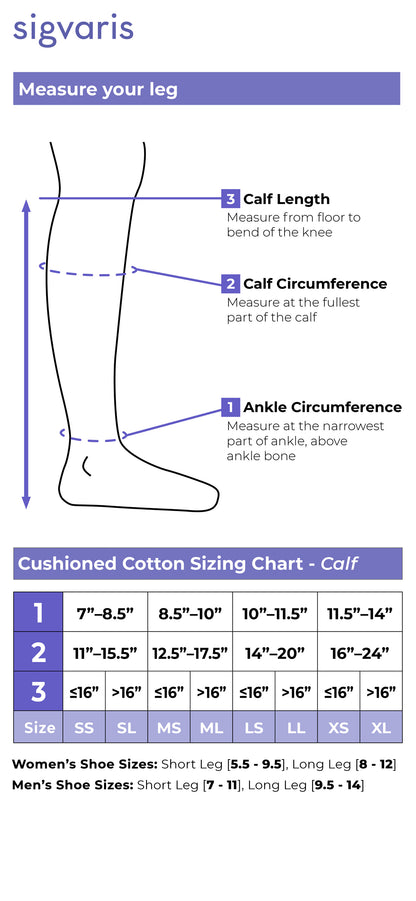 Measurement chart for Sigvaris cushioned cotton socks with instructions on how to measure a leg and a sizing chart.