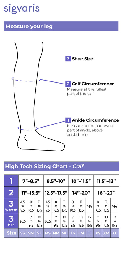 Sigvaris leg measurement chart for sizing compression stockings.