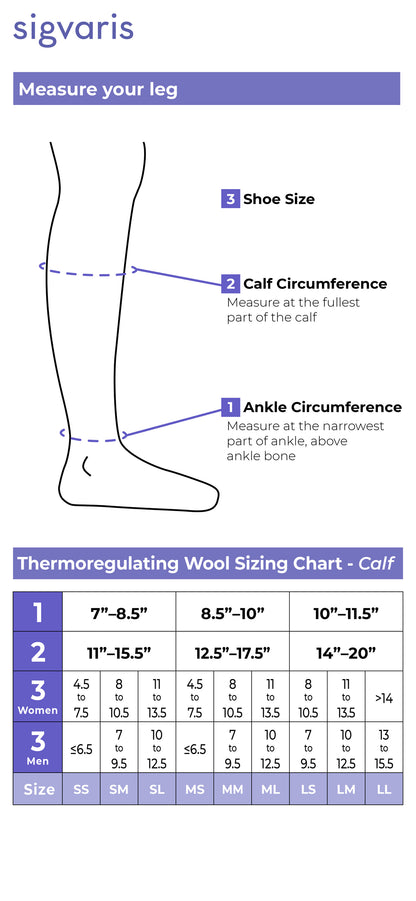Measurement chart for leg circumference to determine shoe size, with a Thermoregulating Wool Sizing Chart for calf measurements.