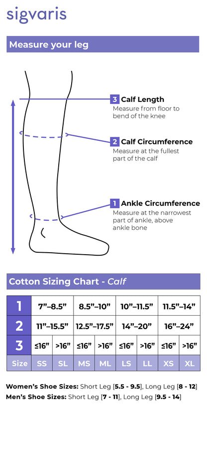 Measurement chart for Sigvaris compression stockings with instructions on how to measure a leg and a cotton sizing chart.