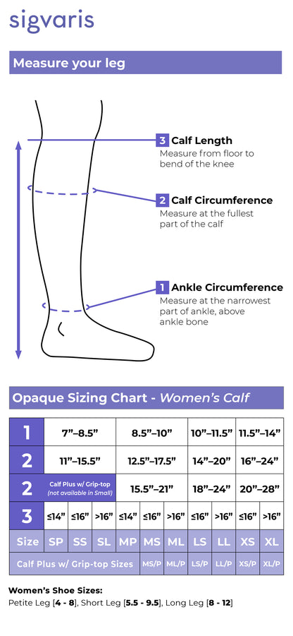Sigvaris measurement chart for women's calf compression stockings with diagrams and size chart.