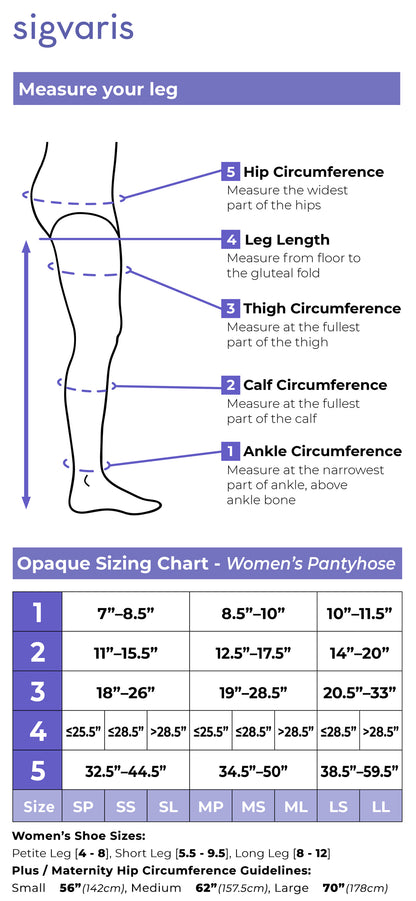 Instructions for measuring a leg and an opaque sizing chart for women's pantyhose with shoe size equivalents.
