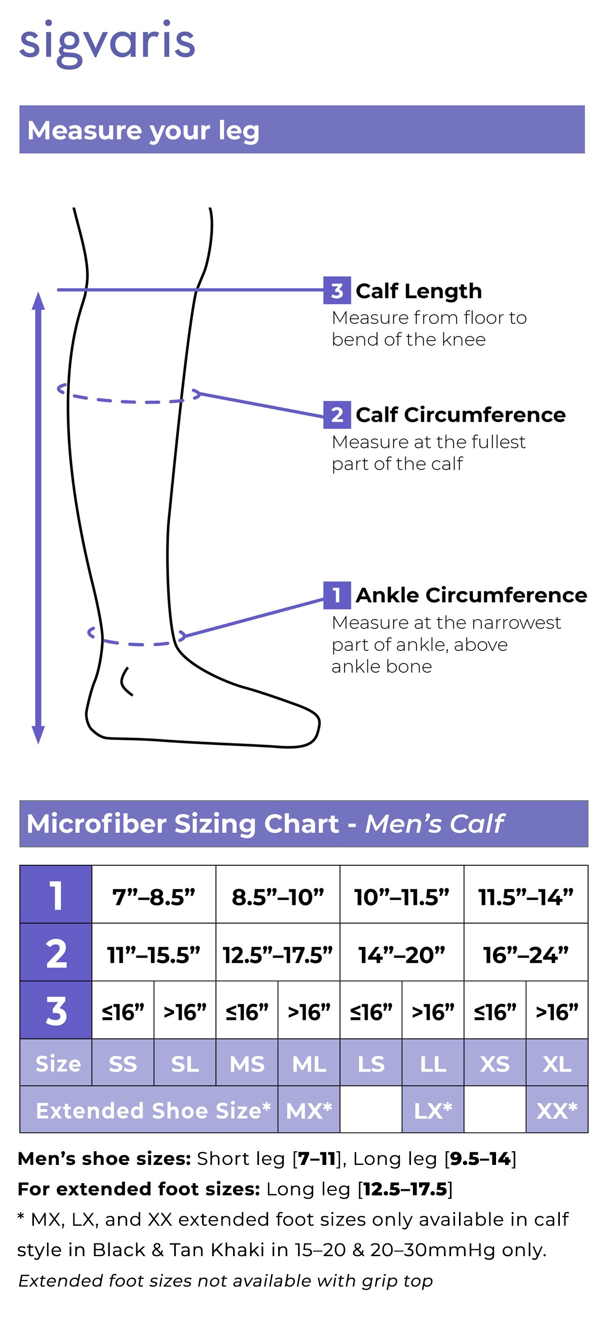 Sigvaris microfiber sizing chart for men's calf measurements and shoe size conversion.