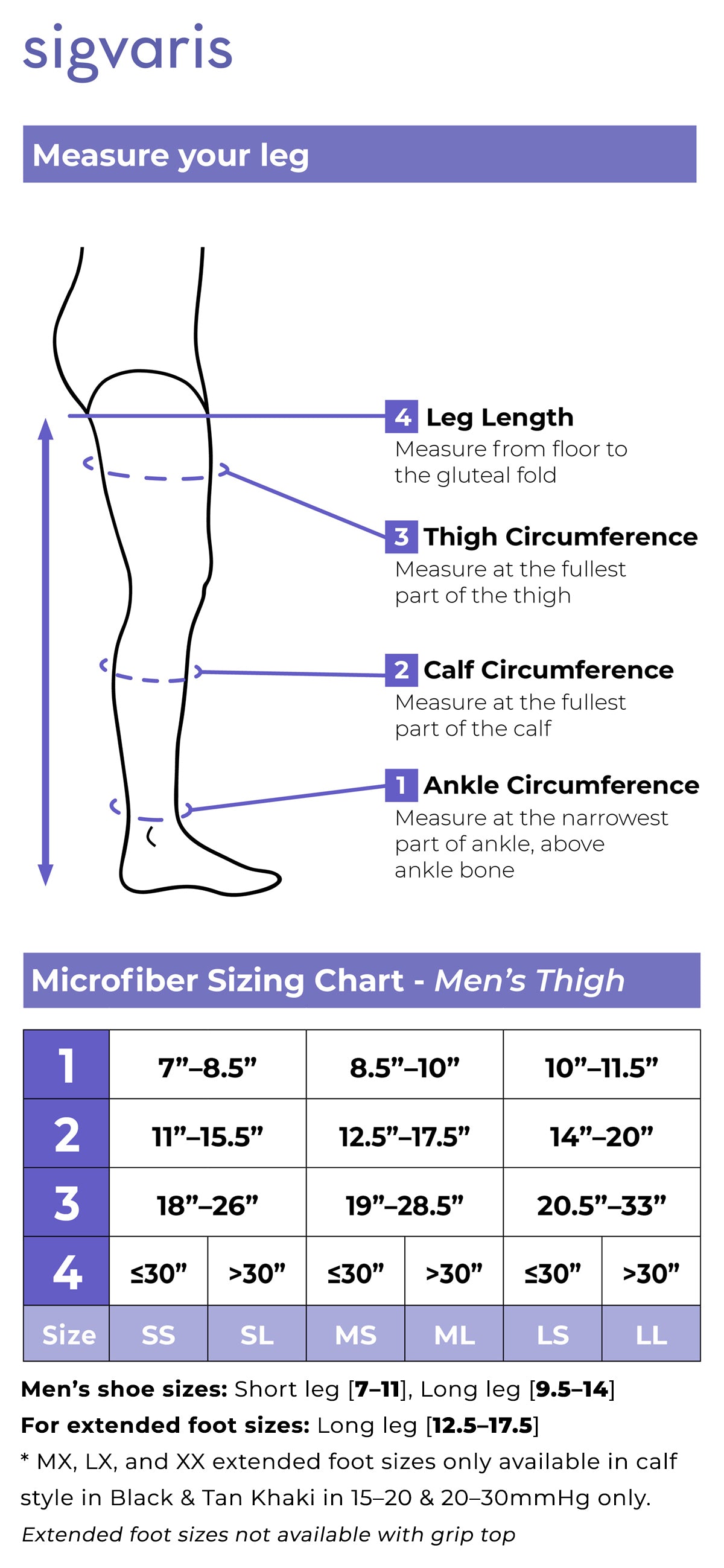 Sigvaris leg measurement chart for sizing microfiber stockings.