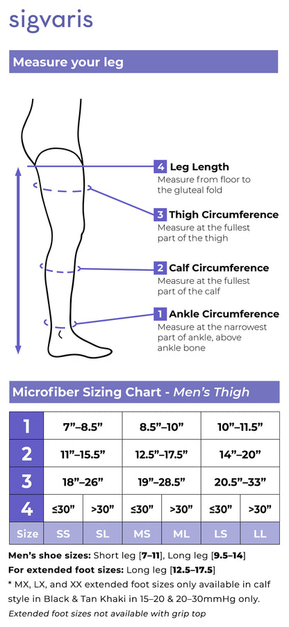 Sigvaris leg measurement chart for sizing microfiber stockings.