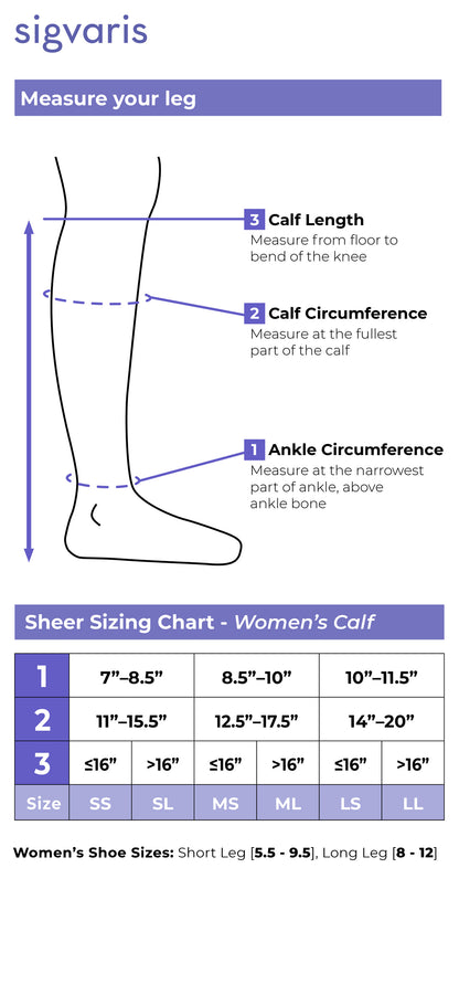 Sigvaris compression stocking sizing chart for women's calves with measurement guide and size chart.