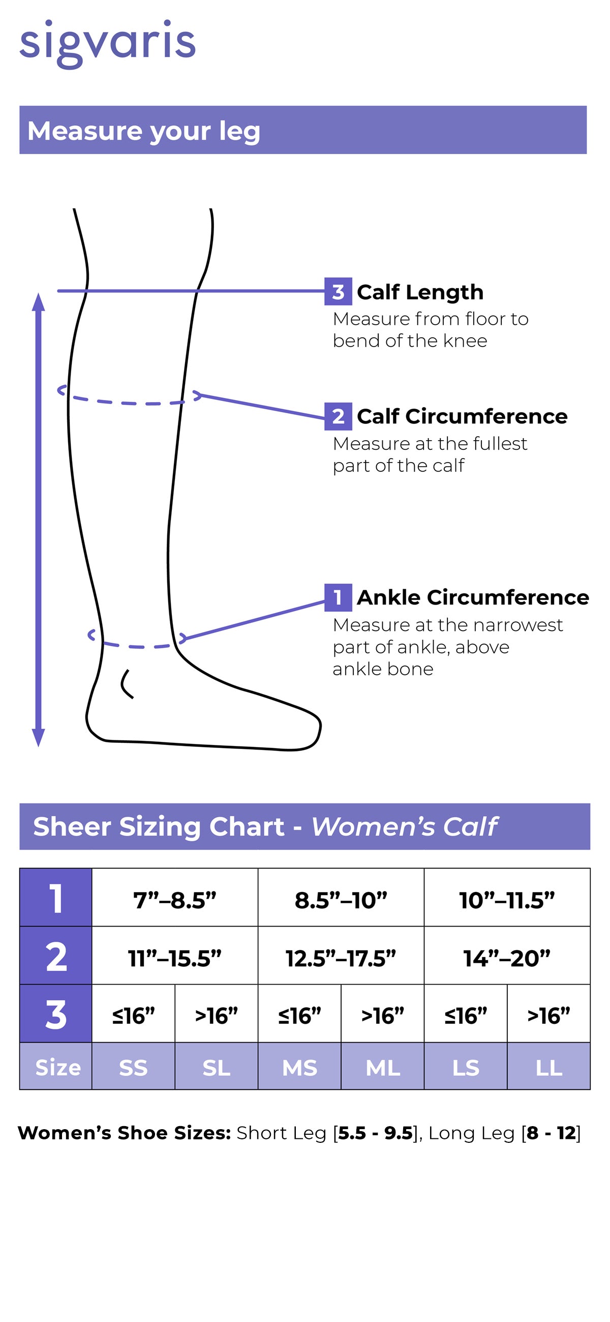 Sigvaris compression stocking sizing chart for women's calves with measurement guide and size chart.