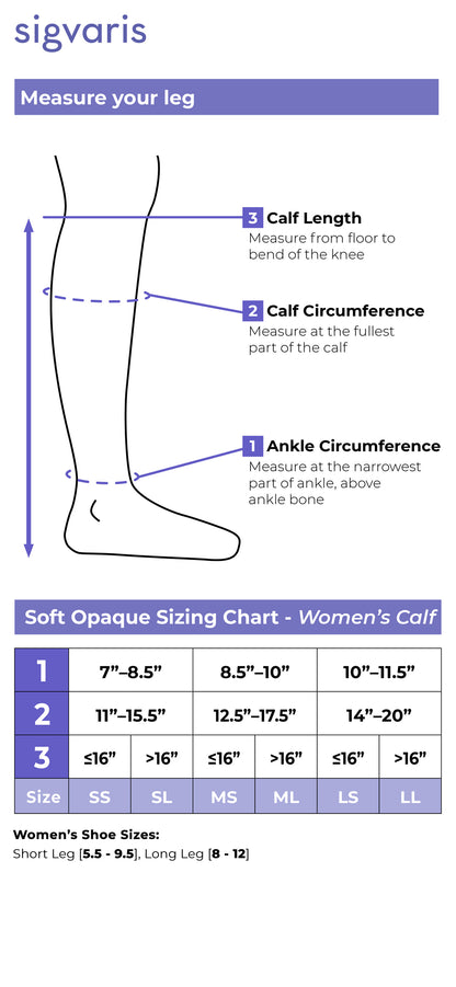 Measurement chart for Sigvaris compression stockings with leg measurement guide and sizing chart.