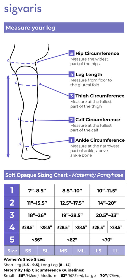 Instructions for measuring a leg and a sizing chart for Maternity PantiHose by Sigvaris.