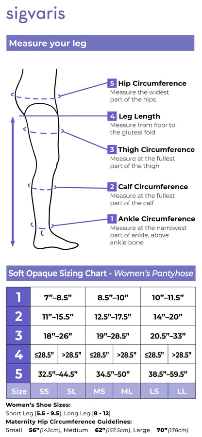 Instructions for measuring a leg and a sizing chart for women's pantyhose on a white background.
