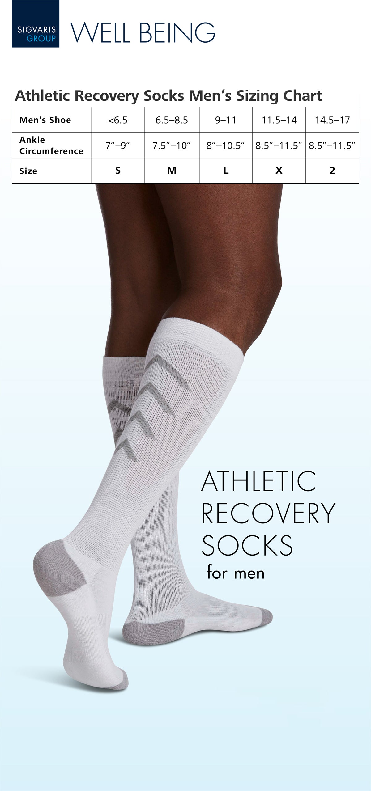 Athletic recovery socks with sizing chart for men on a light blue background