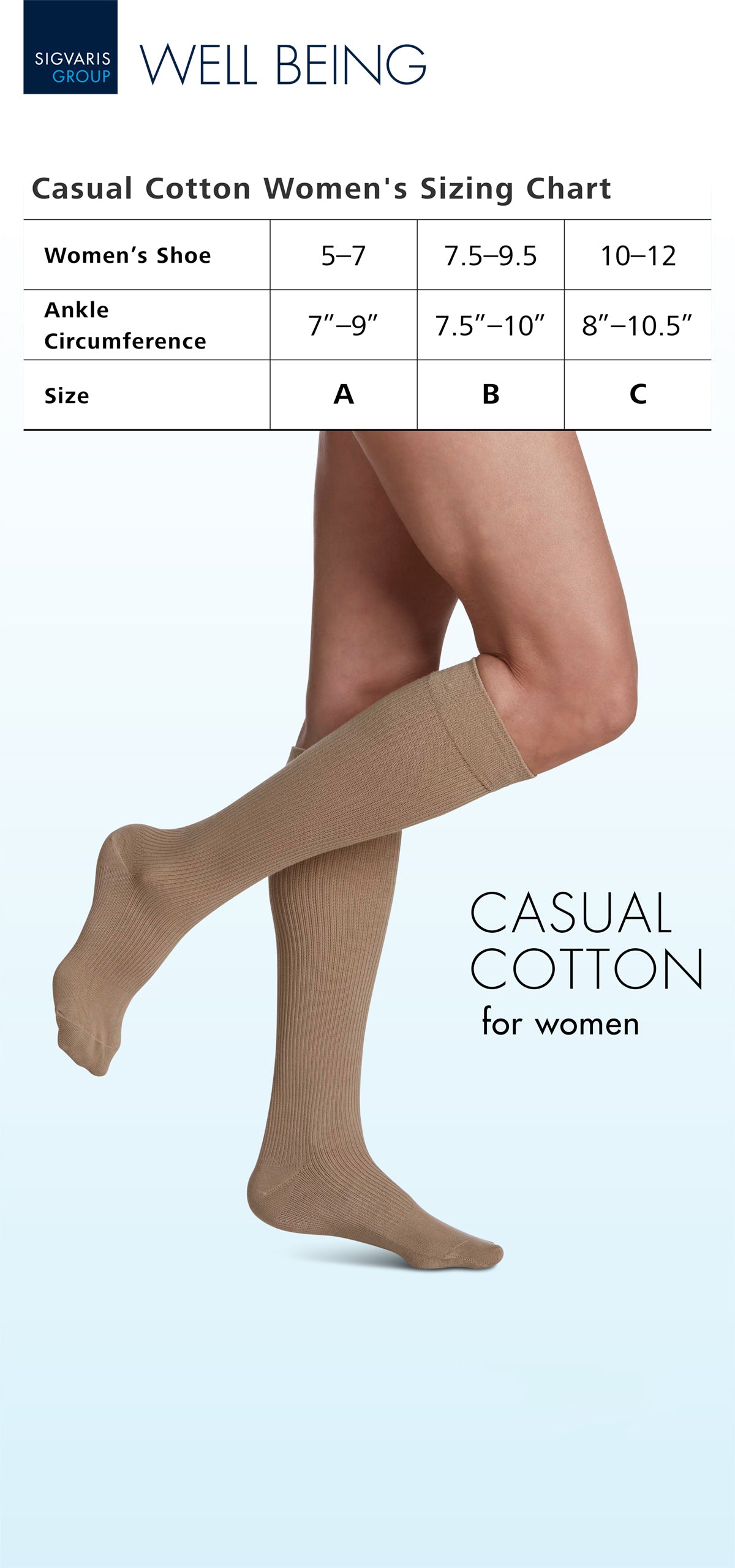 Casual cotton women's sizing chart with a person wearing beige socks on a light blue background.