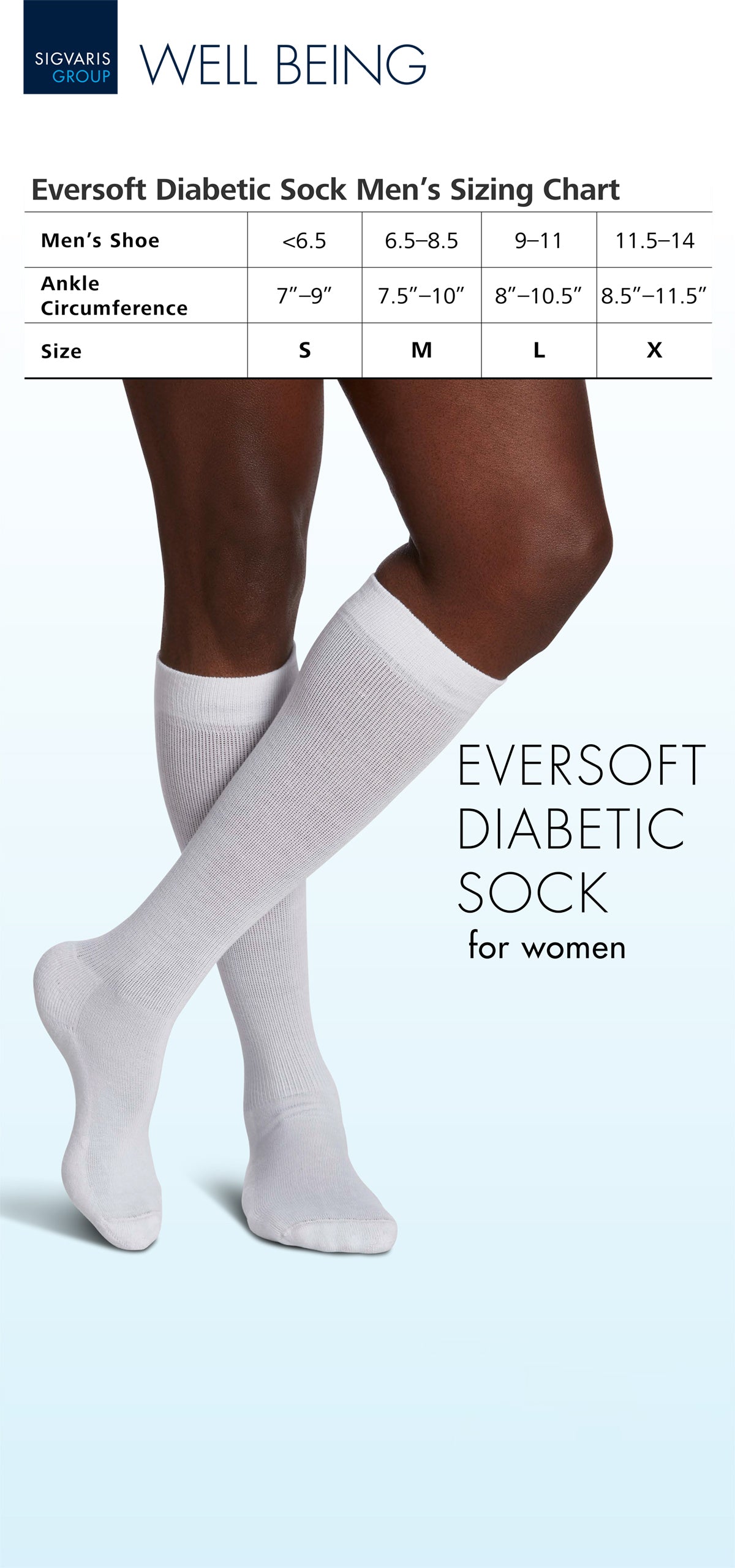 Eversoft Diabetic Sock Men's Sizing Chart with a person wearing white socks on a light blue background