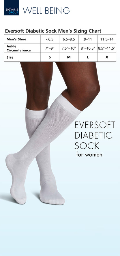 Eversoft Diabetic Sock Men's Sizing Chart with a person wearing white socks on a light blue background