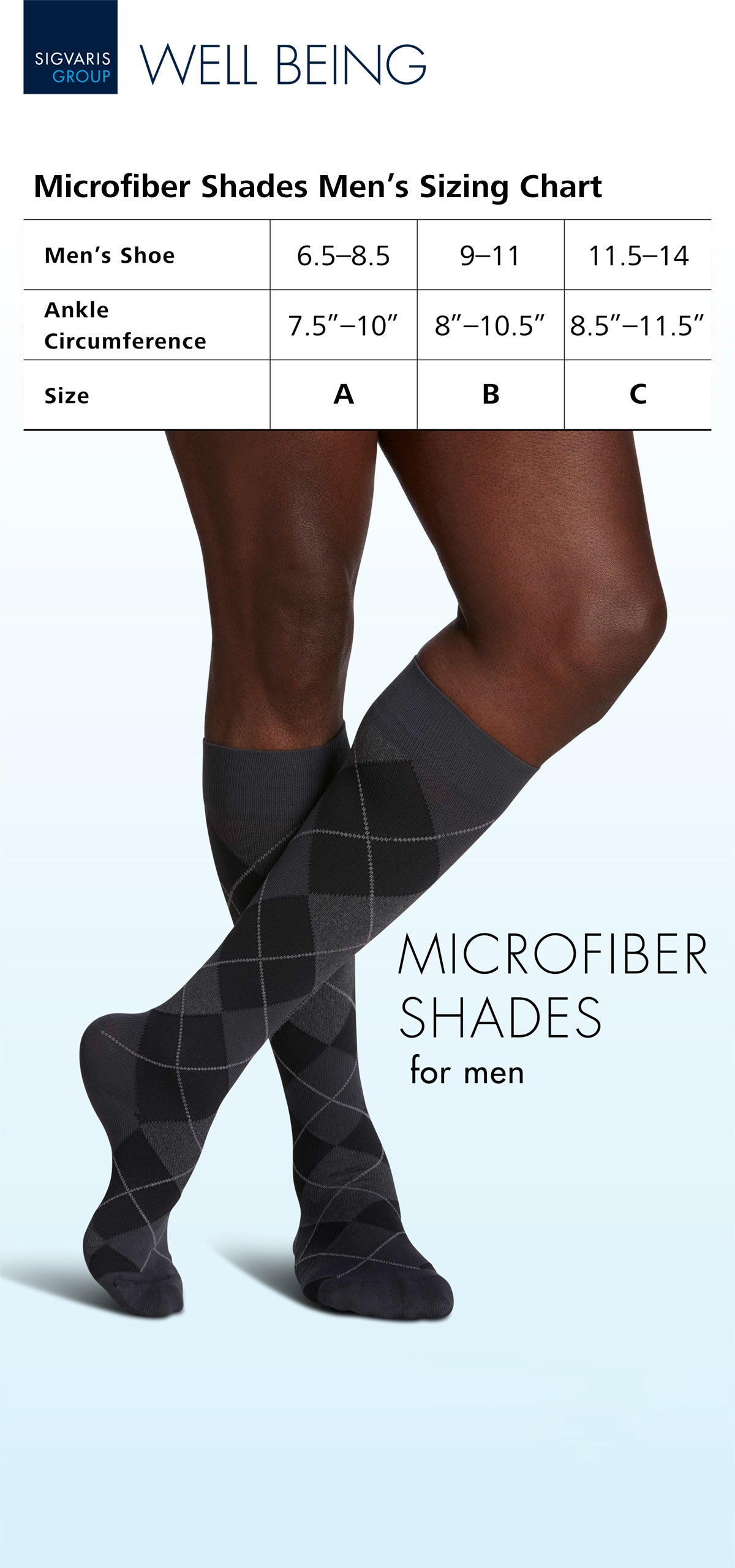 Men's sizing chart for microfiber shades with a person wearing socks.