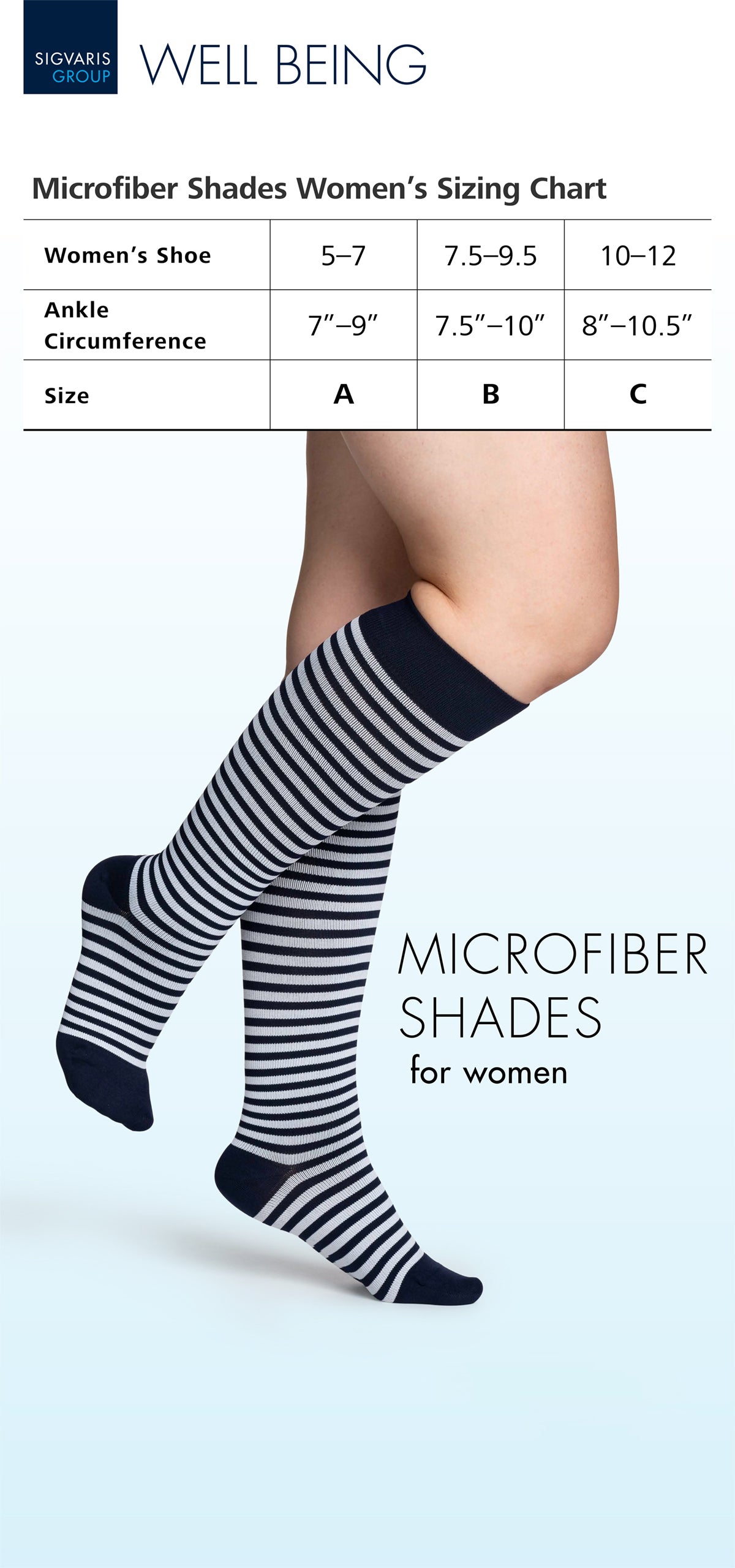 Sizing chart for women's microfiber shades with a person wearing striped socks.