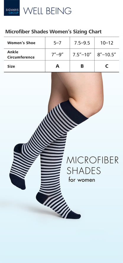 Sizing chart for women's microfiber shades with a person wearing striped socks.